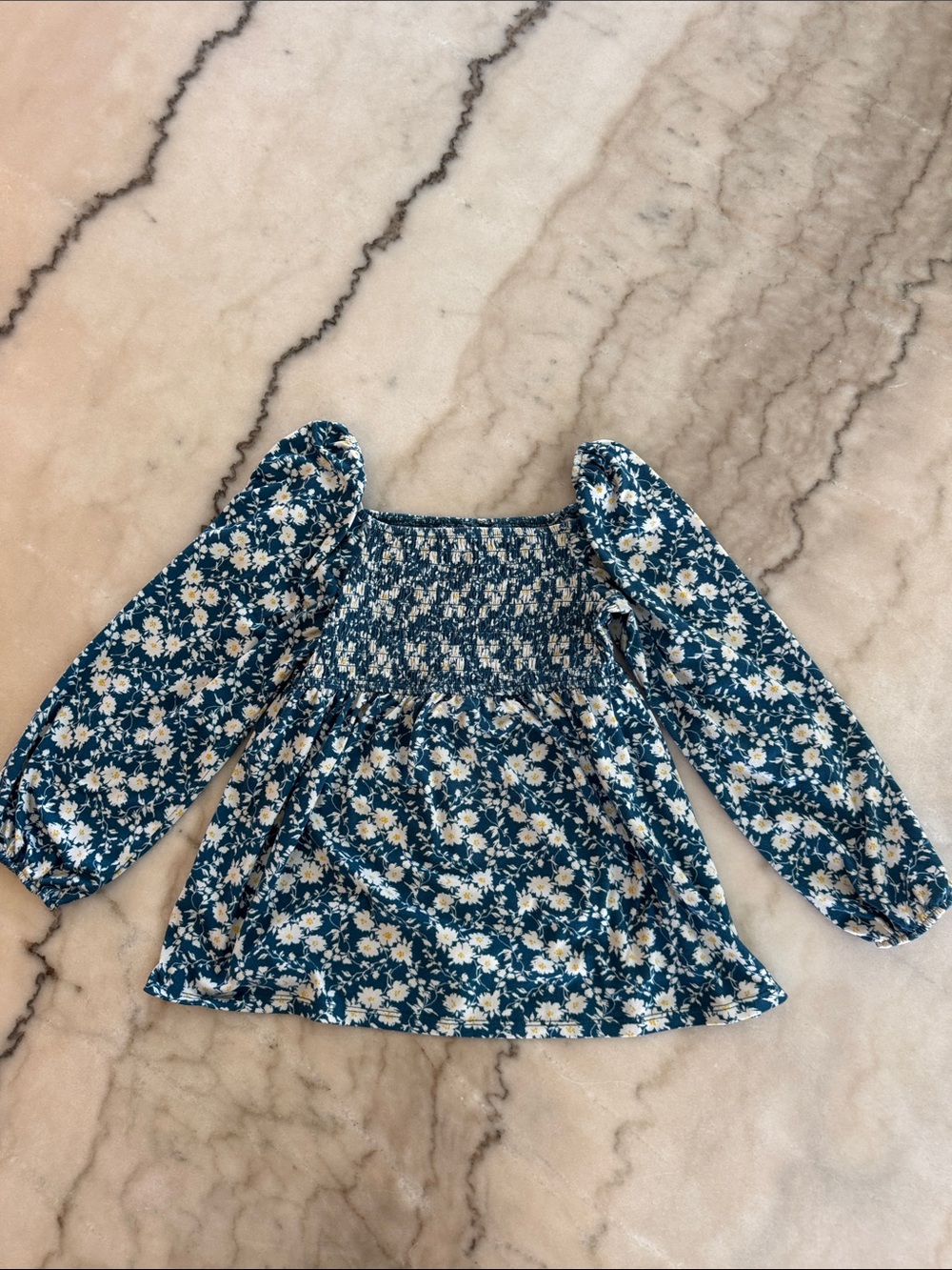 Willow &Root Girls Teal Floral Smocked Long-Sleeve Top